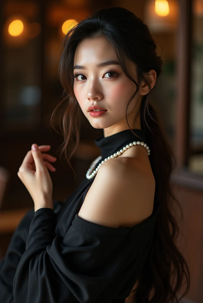 Photography,HD,Real People,1 Asian girl,The movements are natural and elegant,Slightly fat,1,White skin,Beautiful facial features,Exquisite makeup,Exquisite eyes,Eye details,Dark eyeshadow,Pearl Necklace,Black high collar sleeveless,Shoulder,arm,Soft light and shadows indoors,Rich details,a lamp