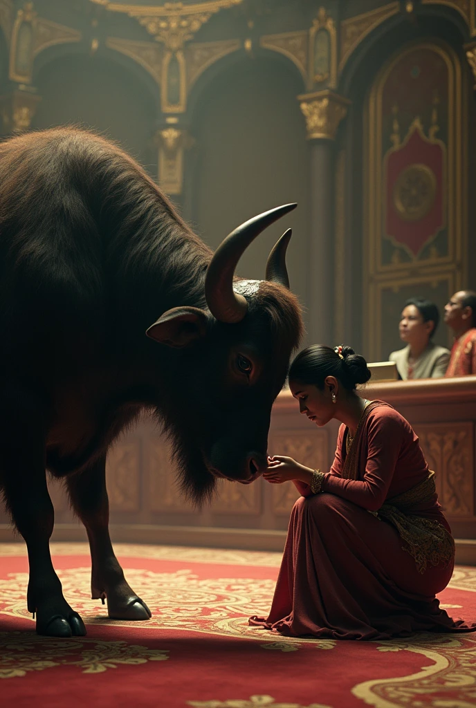 a person crying and touching the feet of a buffalo in the national parliament of bangladesh and the seikh hasina is crying with a western look