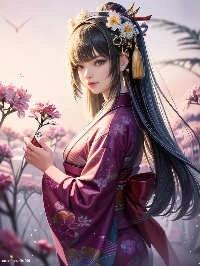 Japanese woman in kimono with flowers on her head, Beautiful digital artワーク, Beautiful digital illustrations, Beautiful digital painting, Gorgeous digital painting, Gweiz-style artwork, Photorealistic Anime Rendering, Smooth anime CG art, Beautiful digital art, Amazing digital art with great detail, Amazing digital illustrations, Detailed digital anime art, April Rendering, Beautiful anime portraits, 8k wallpaper,