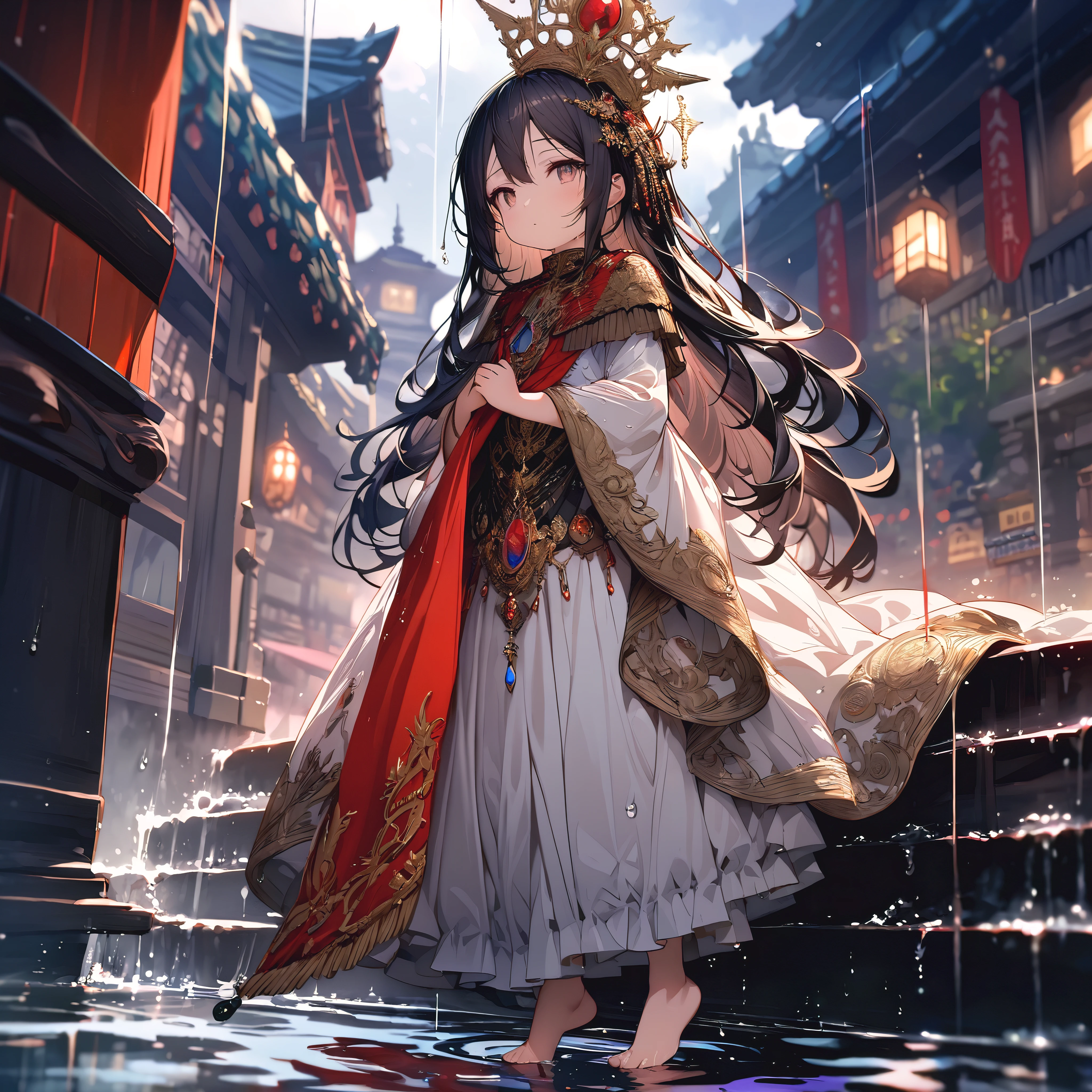 (full body), (solo), (A :1.2), (very young ), , (Solo), (small breast), (wide angle), raw photo, Aesthetic, Convoluted, Awarded, chiaroscuro, Best Quality, Detailed background, (Misty atmosphere:1.2), (hard rainy day:1.1),((Girl in very long costumes of shrine witches:1.2)), detailxl, Girls wearing sacred costumes of shrine witches perform ancient divine dance on cliff near shrine, Her presence is a resistance to the storm. The scene before us is both captivating and surreal. Her outfits are a testament to purity and tradition, Seemingly beyond the chaos of the storm. The white kimono is soaked,cling tightly to her body, its fabric becomes almost translucent in floodwaters, Revealing her inner indomitable spirit. So did she, Gorgeous red tapestry, now dark due to heavy rain, With every elegant step, Every wrinkle and crease silently bears witness to the solemnity of the night. Despite the bad weather, Her bare feet still dance gracefully, Unforgettable and beautiful, Every tiny movement leaves a pious pattern on the damp stone. Hair styled casually from behind、hanging down defiantly, Occasionally put it on her cheeks and forehead, Give her an extraordinary temperament. White sandalwood paper, Originally used to tie hair, Surrender to the wind and rain, Let them float freely in the wind, Like participating in a sacred dance. The golden crown and hairpin on her head symbolize the person she admires, shine in lightning. Their presence silently announced the seriousness of her performance. Her Kagura dance is a spectacle of devotion and grace, Silent prayers become visible. Her every move, From the gentle swing of your arms to the precise steps of your bare feet, Weaving an invisible tapestry in the air, Sing to the gods amidst the din of the storm. Kagura bells are arranged in a seven-five-three arrangement, The crisp sound penetrated the sound of rain, Be a beacon of tranquility in the hustle and bustle. Five colorful ropes decorat