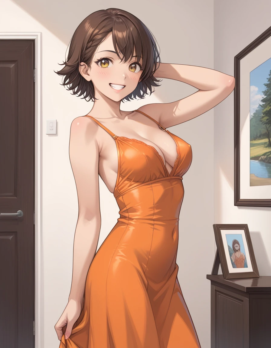 (score_8, score_8_up,masterpiece,highest quality,Perfect Anatomy,Exquisite detailed,photo realistic:1.1)(realistic:1.0)1girl, hndmo,short hair, brown hair, yellow eyes, busty,Orange dress,grin