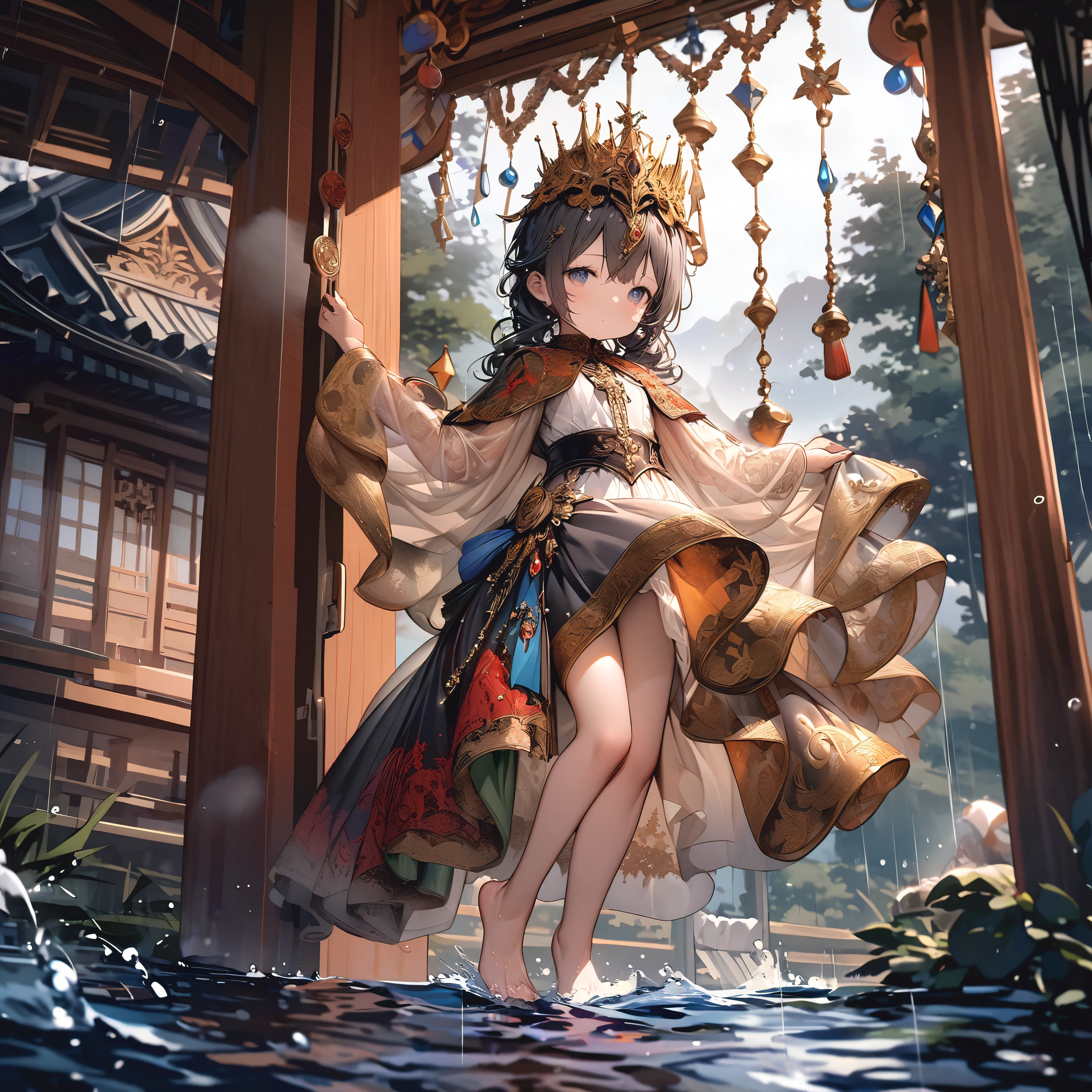 (full body), (solo), (A :1.2), (), , (Solo), (small breast), (wide angle), raw photo, Aesthetic, Convoluted, Awarded, chiaroscuro, Best Quality, Detailed background, (Misty atmosphere:1.2), (hard rainy day:1.1),((Girl in very long costumes of shrine witches:1.2)), detailxl, Girls wearing sacred costumes of shrine witches perform ancient divine dance on cliff near shrine, Her presence is a resistance to the storm. The scene before us is both captivating and surreal. Her outfits are a testament to purity and tradition, Seemingly beyond the chaos of the storm. The white kimono is soaked，cling tightly to her body, its fabric becomes almost translucent in floodwaters, Revealing her inner indomitable spirit. So did she, Gorgeous red tapestry, now dark due to heavy rain, With every elegant step, Every wrinkle and crease silently bears witness to the solemnity of the night. Despite the bad weather, Her bare feet still dance gracefully, Unforgettable and beautiful, Every tiny movement leaves a pious pattern on the damp stone. Hair styled casually from behind、hanging down defiantly, Occasionally put it on her cheeks and forehead, Give her an extraordinary temperament. White sandalwood paper, Originally used to tie hair, Surrender to the wind and rain, Let them float freely in the wind, Like participating in a sacred dance. The golden crown and hairpin on her head symbolize the person she admires, shine in lightning. Their presence silently announced the seriousness of her performance. Her Kagura dance is a spectacle of devotion and grace, Silent prayers become visible. Her every move, From the gentle swing of your arms to the precise steps of your bare feet, Weaving an invisible tapestry in the air, Sing to the gods amidst the din of the storm. Kagura bells are arranged in a seven-five-three arrangement, The crisp sound penetrated the sound of rain, Be a beacon of tranquility in the hustle and bustle. Five colorful ropes decorat