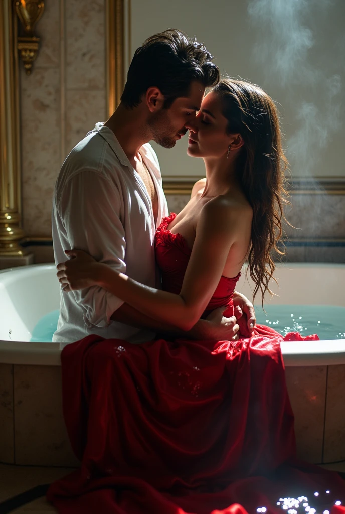 Dramatic bathtub scene, A handsome man in wet white shirt, a beautiful woman in red gown wet in water, lying in a bathtub hugging.