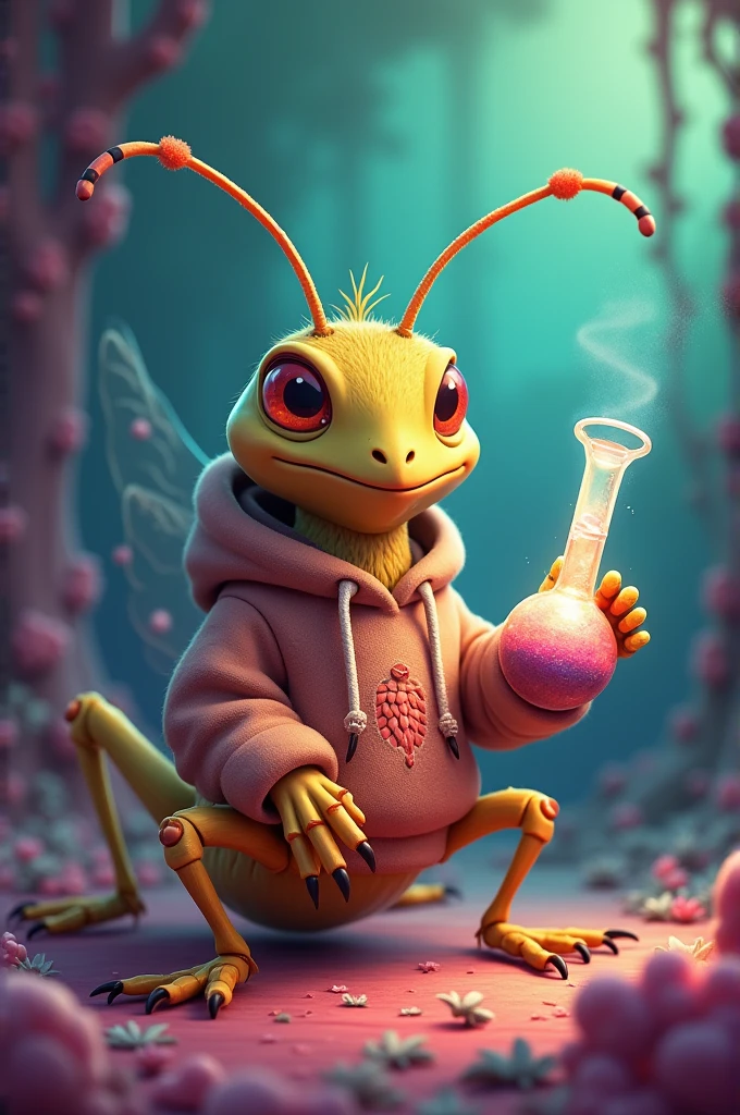 Create an animated cricket wearing a sweatshirt and a bong on one of its limbs
