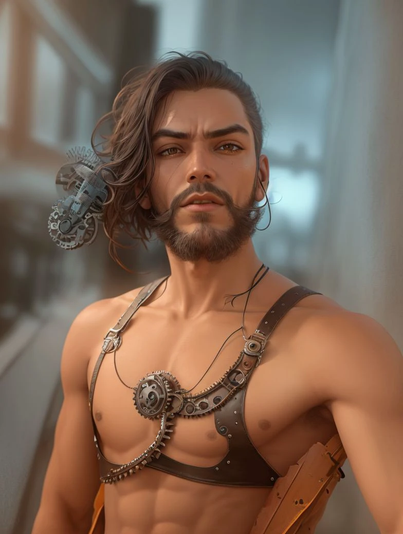 bottom, fancy, Fantastic, fancy, adventure, hope, magic, fitness body , mntwnwr traits , steampunk style and medieval fantasy, wears swim trunks , generate well-defined hands and fingers, eyes and hair equally defined