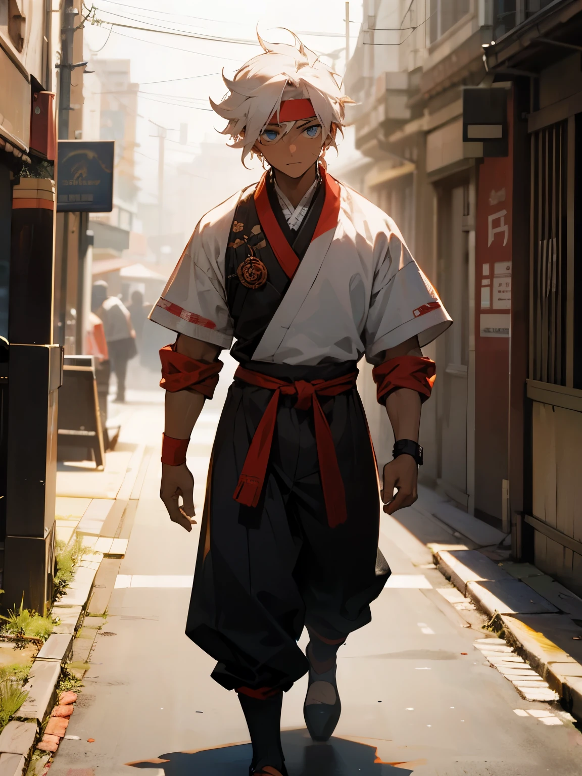 1male , Dark Skin , White Hair , Pale Blue Eyed , Modern Undercut Hair , Messy Hair , Red Headband , Black Two tone Yukata , Red Circular Markings on clothing , Baggy Pants , Calm Expression, Traditional City Background , Walking on path , Muscular, Young Male