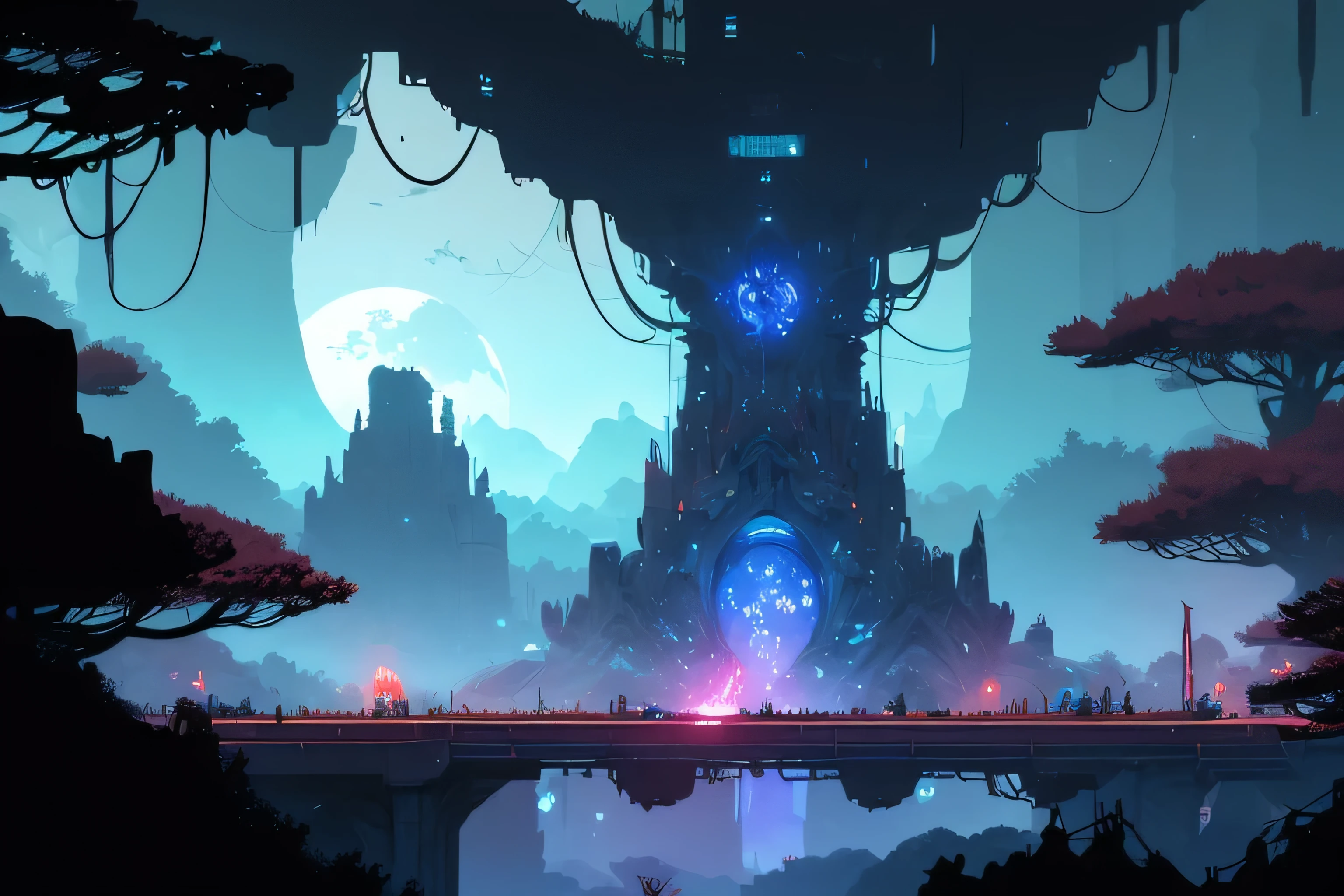 A highly detailed, futuristic 2D platformer game environment set on an alien planet. The scene features lush, towering trees integrated with advanced technology, forming platforms and bridges. The foreground includes two characters in combat stances, one in black armor and the other in red, ready to battle. The background showcases a serene night sky with two moons, distant rocky spires, and glowing blue light illuminating the scene, creating a mix of nature and sci-fi elements.