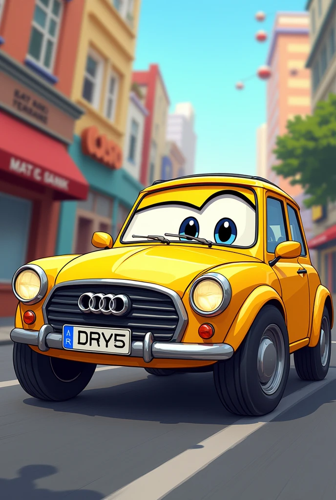 Yellow Audi car in cartoon style with license plate DRY5
