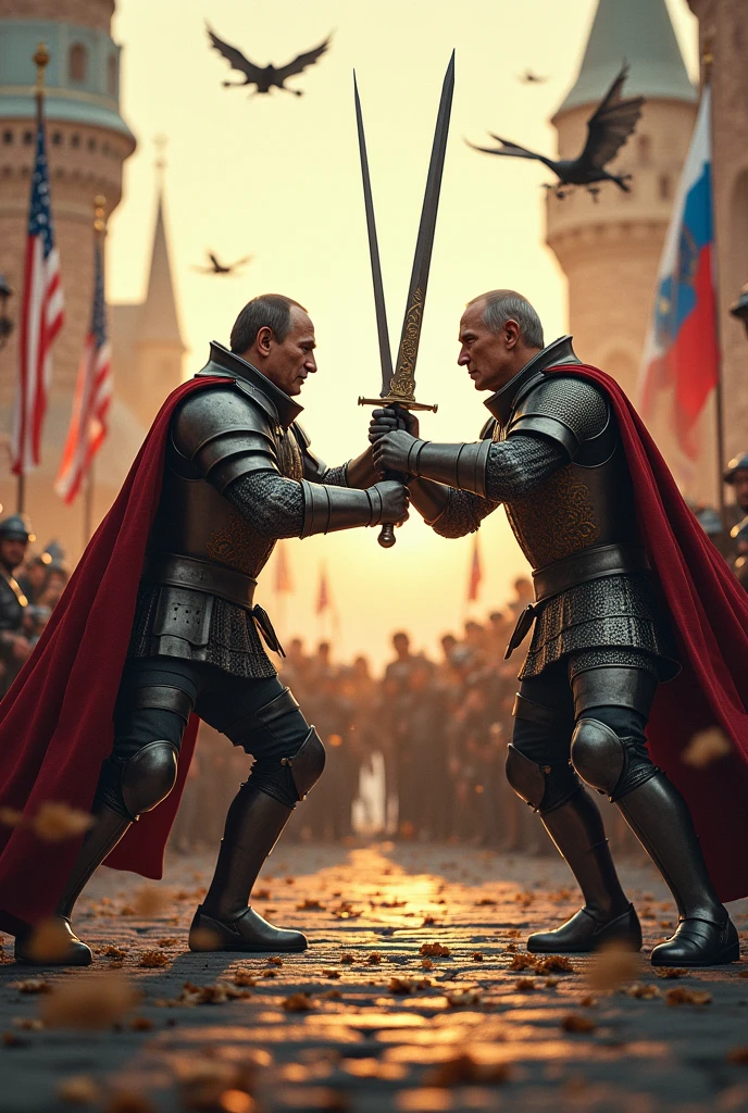 (photorealism:1.2), Putin fighting with biden, they both are in knight armor and using swords, much of fans around, dragons and FPV drones in the air