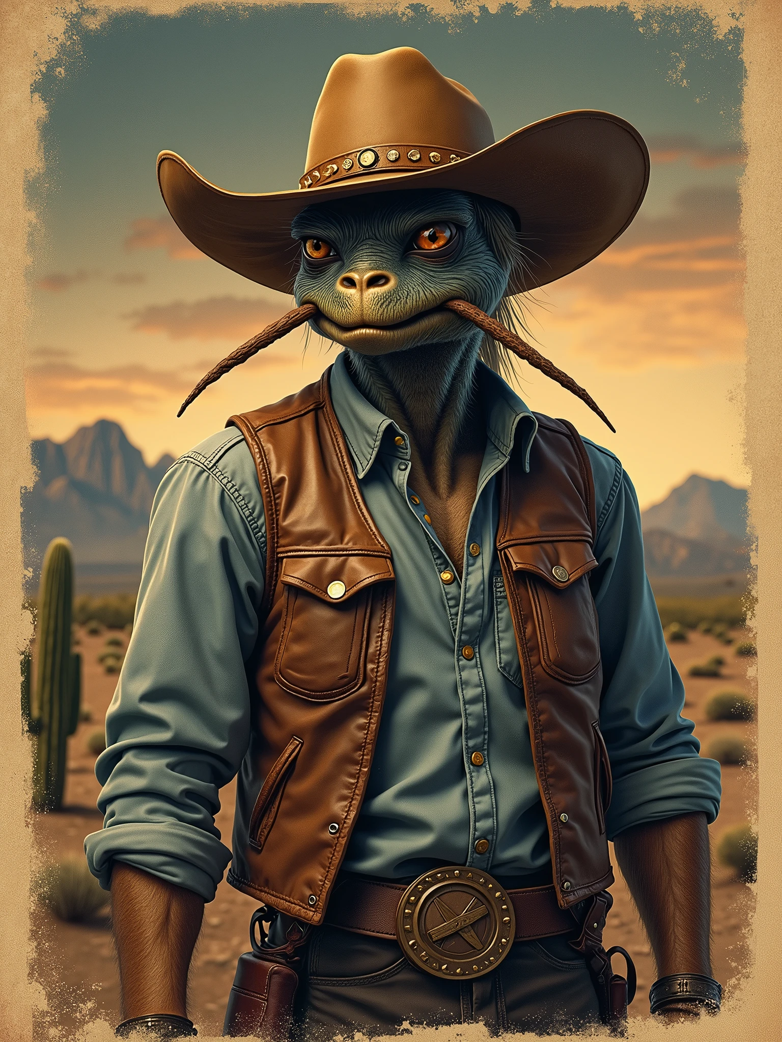 Create a high-quality vintage poster. about a mosquito that's a cowboy - imagine