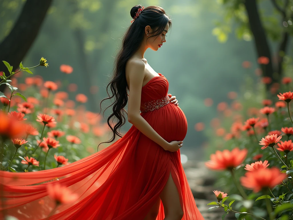 a pregnant woman in a dress standing in a field of flowers, very beautiful long slim legs, red gown, elegant glamourous cosplay, delicate ex embellishments, in deep forest hungle, aphrodite goddess of love, extremely pale, ballet, , asian girl black hair, bright dreamy colour