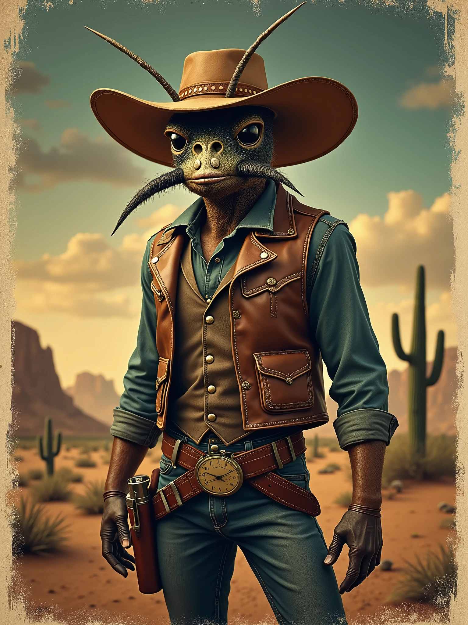 Create a high-quality vintage poster. about a mosquito that's a cowboy - imagine