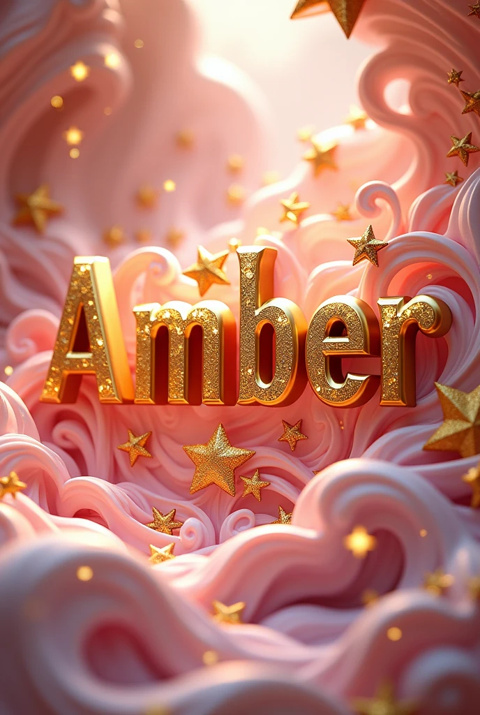 Create the name Amber, with thick 3D lettering with a golden outline with a light pink gradient, with fantasy theme, with gold stars and swirling patterns, The name must resemble the real appearance and have white color, Predominantly pink with intricate shiny gold embellishments with rich patterns. The overall aesthetic should be magical and majestic., making the background look like a background of a fantasy realm.