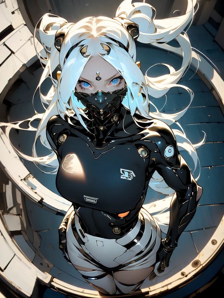 (masterpiece, top quality, best quality, official art, beautiful and aesthetic:1.2), full body view, Beautiful young girl looking at camera, ((fisheye photo)), perfect detailed face, cyberpunk blurry background, futuristic cyber soldier sexy outfit, underwear detailed muscles realistic masterpiece gigantic breasts, hardnipples protruding, Ecchi, young sexy cyborg ****ta girl,shot from above, perfect legs, perfect arms perfect eyes, ((long white hair with 2 ponytails)),  huge eyes,