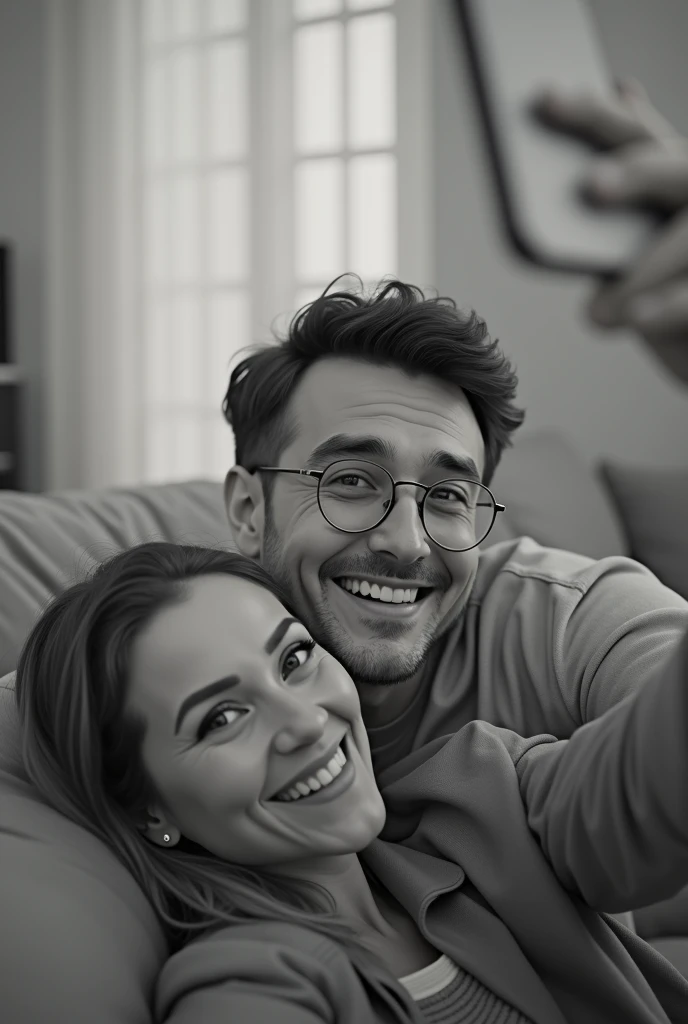 A light-skinned man , with quiff ,with glasses ,Grinning ,earring in the ear with a 30-year-old woman sitting on the couch taking a selfie