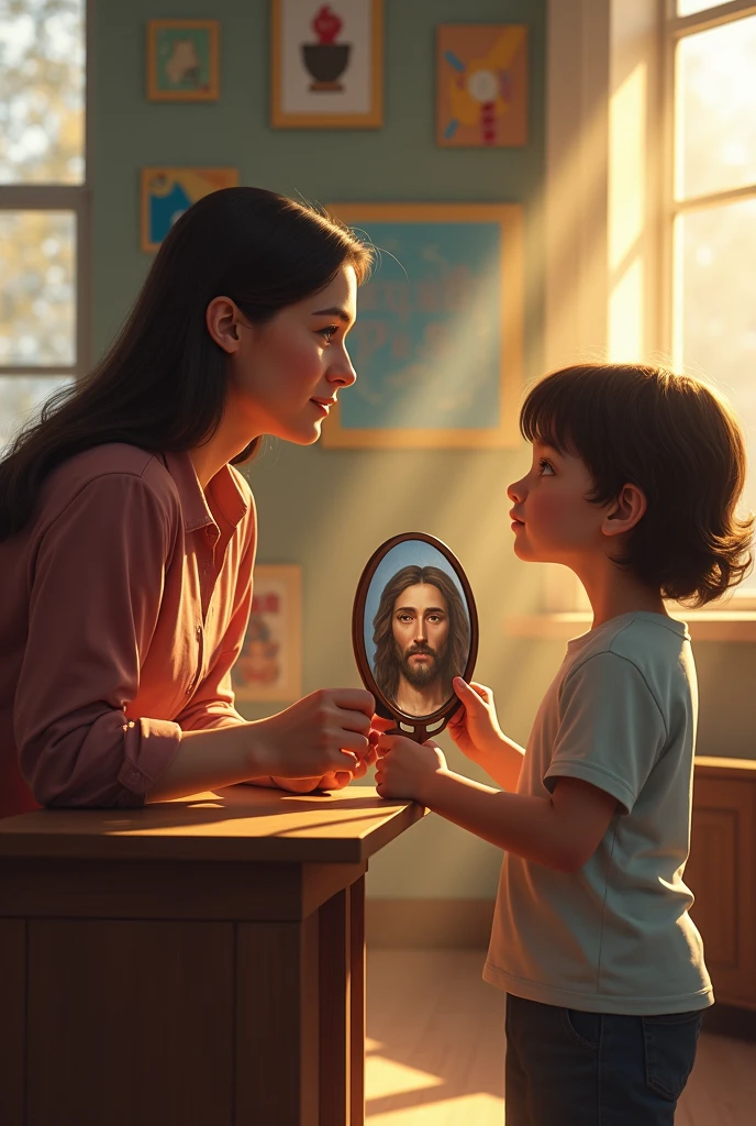 A school teacher showing a a mirror where Jesus Christ is reflected