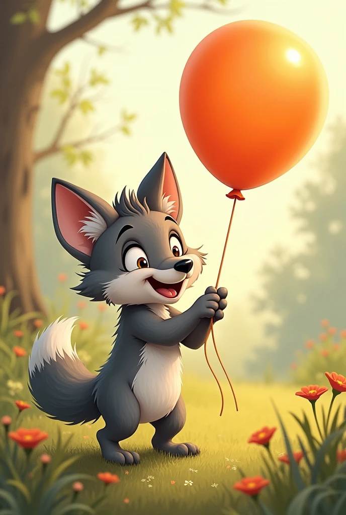Dessin d'un bébé loup qui s'amuse avec un ballon orange dans lequel nous pouvons apercevoir un bébé renard
