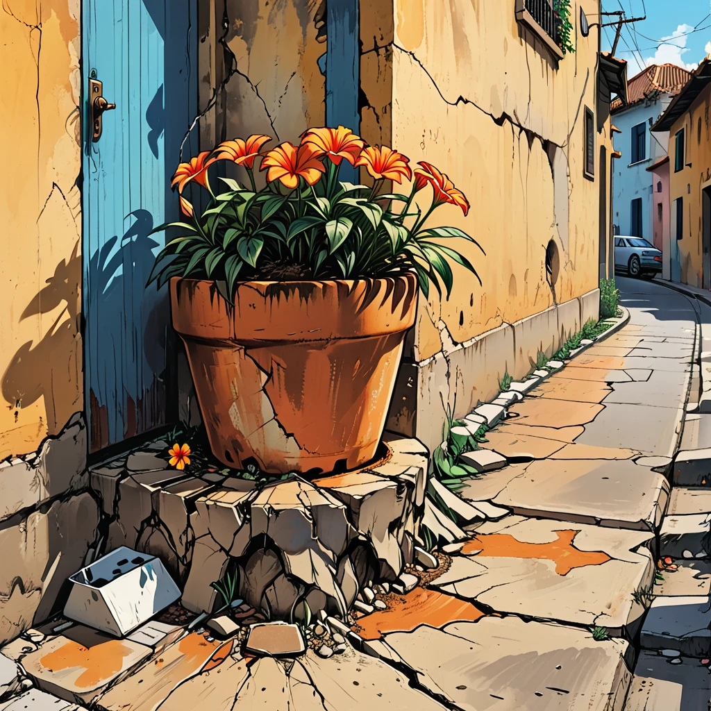 (((big cracks on the pot,big cracks on the ground,big cracks on the walls of the street,))) roots, 
half flower pot, (((many big cracks))), earthquake, quake, temblor, (shake),
close-up, broken pot with soil and flower, roots with flower, (((big deep cracks))), (((broken pot))), on a tropical street, wall, flower lies on the ground,  graphic style of novel comics, 2d, 8k, hyperrealism, masterpiece, high resolution, best quality, ultra-detailed, super realistic, Hyperrealistic art, high-quality, ultra high res, highest detailed, lot of details, Extremely high-resolution details, incredibly lifelike, colourful, soft cinematic light,