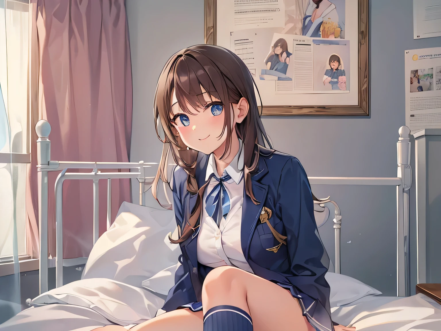 (Masterpiece, top quality, high resolution, realistic photo, realistic looking skin:1.1),
(Woman sitting on bed in school infirmary, showing panties and inviting:1.8), 
(She should have a happy smiling expression:1.5),
(She has a mature look on her face:1.5),
(She is wearing a plain white collared shirt and a navy blue blazer from her high school uniform:1.8),
(She is wearing a box pleated skirt from her high school uniform: 1.8),
(She is wearing navy blue socks: 1.8),
(Her panties are white with a pattern: 1.5),
(She has medium brown hair: 1.8),
(She has large breasts: 1.5),
(She is one of the most beautiful girls in her grade. 1.5),
(Location: on a bed in the school infirmary:1.5),
1 Japanese girl, solo, full bodied esbian, beautiful eyes, shining eyes, shining thighs, NSFW