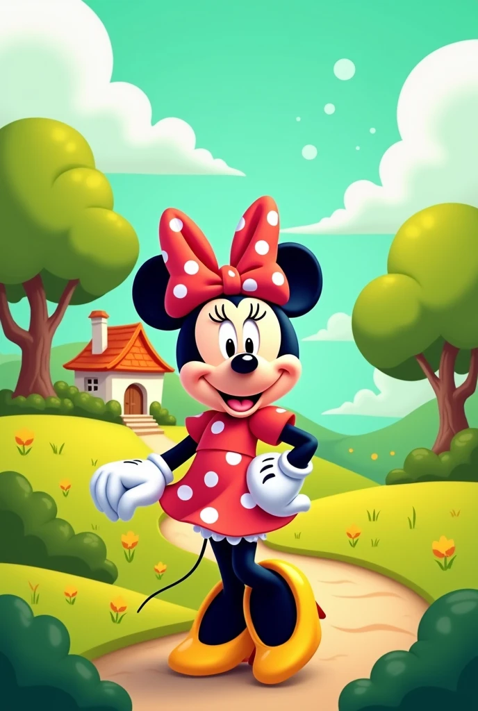For a cover, a lemon green background landscape. With Minnie Mouse and her big house. Clouds and trees. That the whole image looks good without gradient and that Minnie is noticeable and stands out too. Correctly generates Minnie's hands without errors
