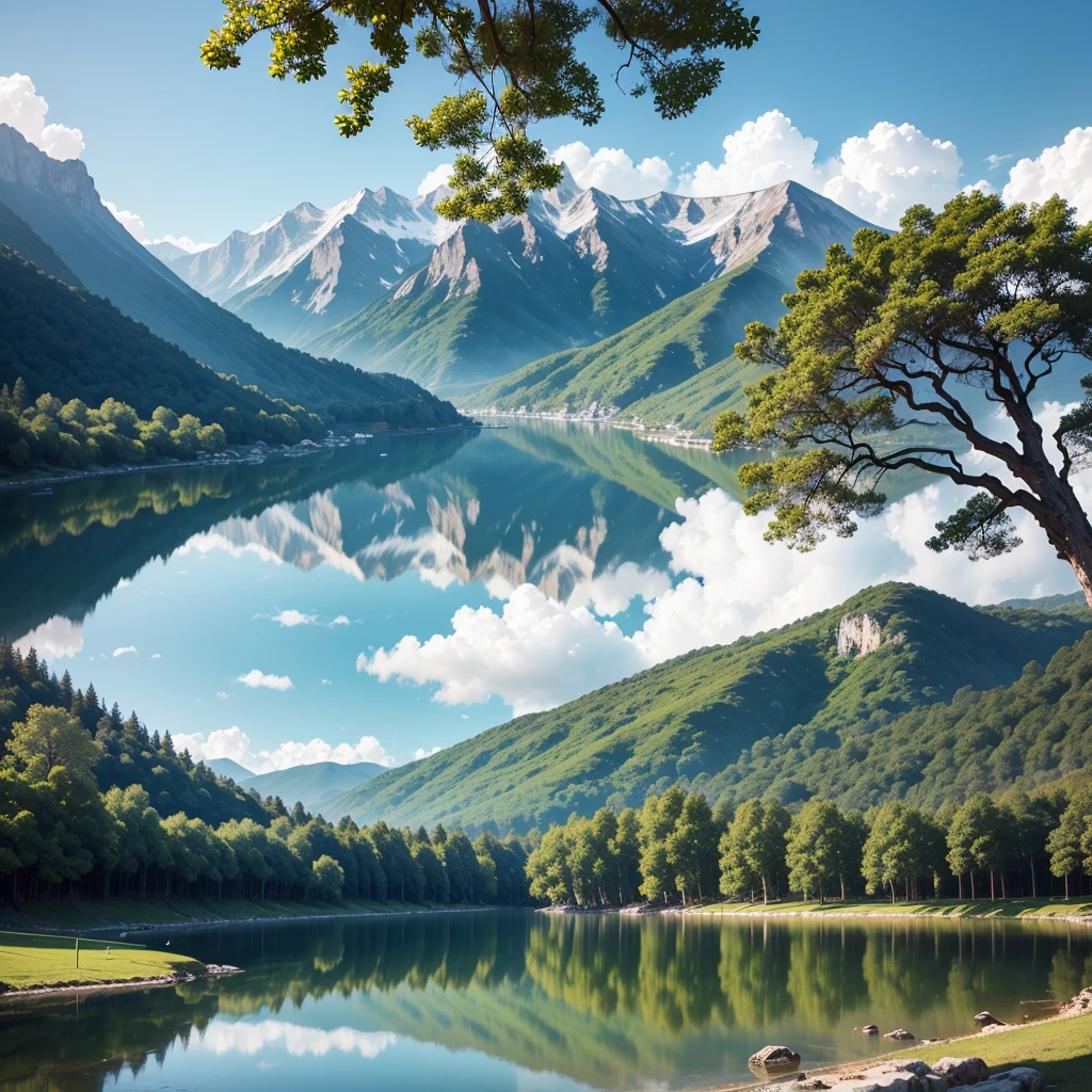 White background, landscape, 墨Water, Monte, Water, tree,by the lake