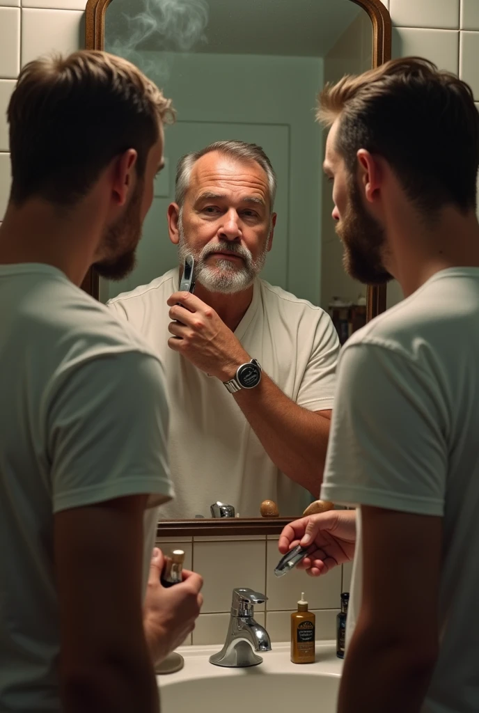 A man in his 50s and his 2 son shaving while looking in the mirror
