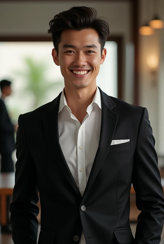 A young man with datk short hair and a confident smile. He is dressed in a black blazer over a white shirt. In a ocation