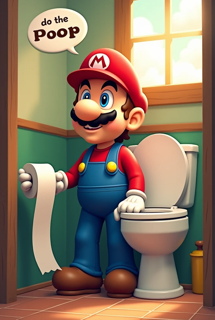 Mario from Super Mario Bros smiling and holding toilet paper in his hand and standing next to a toilet and above his head is a cartoon balloon saying &quot;Do the poop&quot; Lucas in a bathroom with a Super Mario Bros theme
