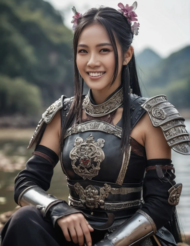 (medium shot, zoomed in upper body:1.3) (wuxia fantasy style:1.5) photo of a grinning, (perfect teeth:1.3) horny strong 5(Manchu:1.3) woman with short straight angled black hair with grey parts, brown eyes, (tiny breasts:1.3), toned ass, (perfect hands:1.3). She is wearing (leather armor and boots:1.1). She is sitting facing diagonal to camera, in a (gothic fantasy:1.3) lake with flowers and small mushrooms, evening, bright. detailed skin texture, detailed cloth texture, detailed face, (intricate sharp details:1.5), ultra high res
