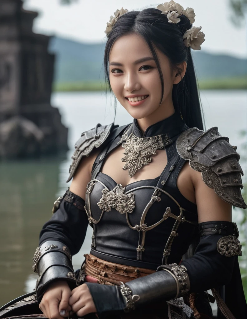 (medium shot, zoomed in upper body:1.3) (wuxia fantasy style:1.5) photo of a grinning, (perfect teeth:1.3) horny strong 5(Manchu:1.3) woman with short straight angled black hair with grey parts, brown eyes, (tiny breasts:1.3), toned ass, (perfect hands:1.3). She is wearing (leather armor and boots:1.1). She is sitting facing diagonal to camera, in a (gothic fantasy:1.3) lake with flowers and small mushrooms, evening, bright. detailed skin texture, detailed cloth texture, detailed face, (intricate sharp details:1.5), ultra high res