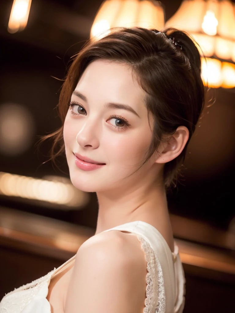 a Close-up portrait of gorgeous smiling cute Japanese woman in a glamorous lacy dress outfit, delicate facial features, porcelain-skinned, ponytail, a fusion of young Marion Cotillard's striking eyes and young Anne Hathaway's introspective gaze, long and slender cute face, curved eyebrows, droopy hooded eyes, lower nasal bridge, slim wavy nose, smiling, thin lips, short pixie cut hair, silhouette, bokeh, lobby bar lounge background,