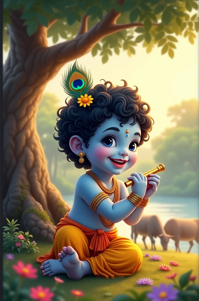 A young, playful Lord Krishna sitting near a riverbank under a large tree, with his flute in hand. His big, innocent eyes twinkle with mischief, his soft blue skin glowing under the warm sunlight. He is adorned with simple jewelry, a peacock feather nestled in his curly dark hair, and a gentle smile that radiates warmth and joy. Around him, a few cows graze peacefully, and colorful flowers bloom at his feet, capturing the serene beauty of nature. The setting feels divine yet childlike, evoking a sense of purity and love.