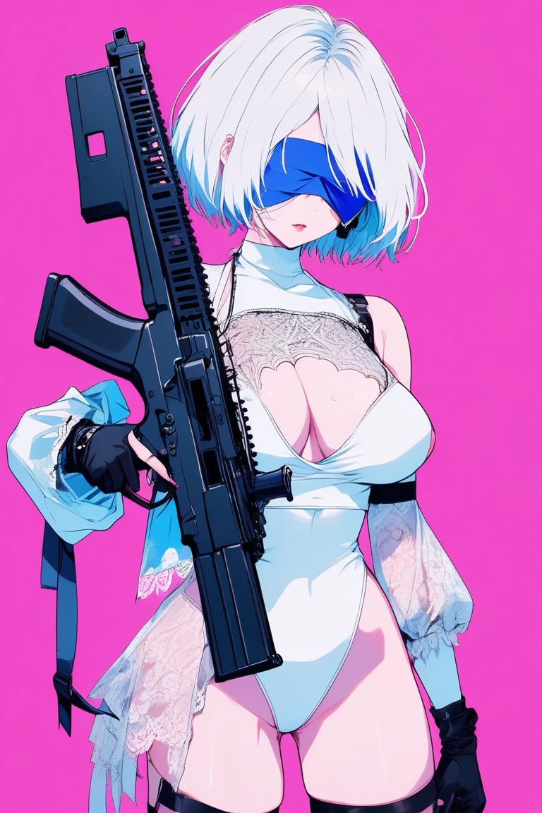 
Illustrator, アニメ , Realistic ,sketch , 1 person, model, lip, A translucent gothic white mini dress with lots of lace, blindfold, eye covered, black blindfold, Has a machine gun, Order, Blue and pink gradient background, Neon colored long straghit hair, Big Breasts,Upper Body, Sexy look, Sexy pose, Texture Trim, Russia, (masterpiece,Highest quality