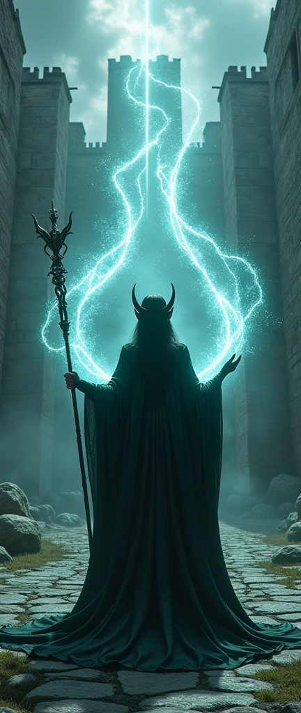 detailed dark elf woman, long elegant staff, intricate magic beams, medieval castle grounds, moody dramatic lighting, fantasy concept art, deep saturated colors, highly detailed, cinematic composition, photorealistic, 8k, (best quality,4k,8k,highres,masterpiece:1.2),ultra-detailed,(realistic,photorealistic,photo-realistic:1.37)