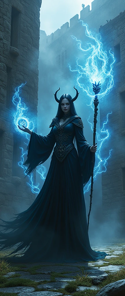 detailed dark elf woman, long elegant staff, intricate magic beams, medieval castle grounds, moody dramatic lighting, fantasy concept art, deep saturated colors, highly detailed, cinematic composition, photorealistic, 8k, (best quality,4k,8k,highres,masterpiece:1.2),ultra-detailed,(realistic,photorealistic,photo-realistic:1.37)