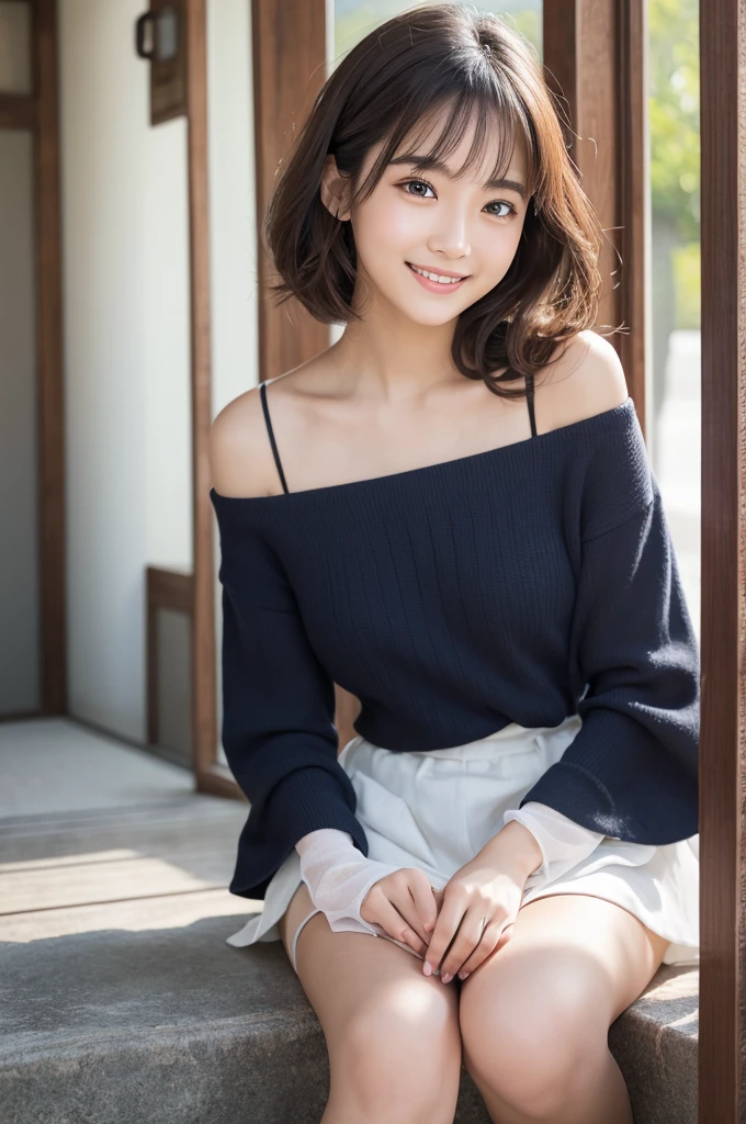 Perfect dynamic composition, Beautiful attention to detail, Natural lips,The best texture, high quality, Ultra HD, 8k, whole bodyphotograph, Realistic, ,Japanese　One person　alone　semi-long　Wave　cute　photograph　Real　front　Whitening　older sister　looking at the camera　Small face　Adult-like　Moe sleeves　Beautiful feet　whole body　Ultra high definition　Off-the-shoulder shirt　Long sneakers　mature　turn around　Beautiful feet　Skin Texture　Beautiful　clear　Low exposure　smile