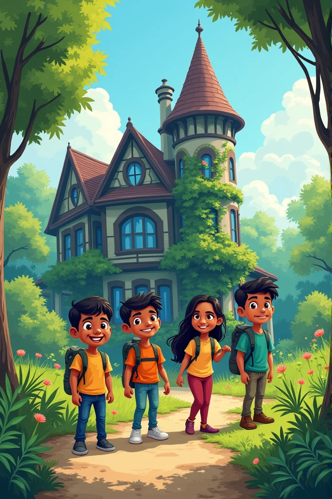 One day, four friends from the village—Raju, Manish, Suman, and Priyanka—decided to challenge their fears and explore the mansion. Manish was the most timid of the group, but he eventually agreed under the pressure from his friends. Cartoon images