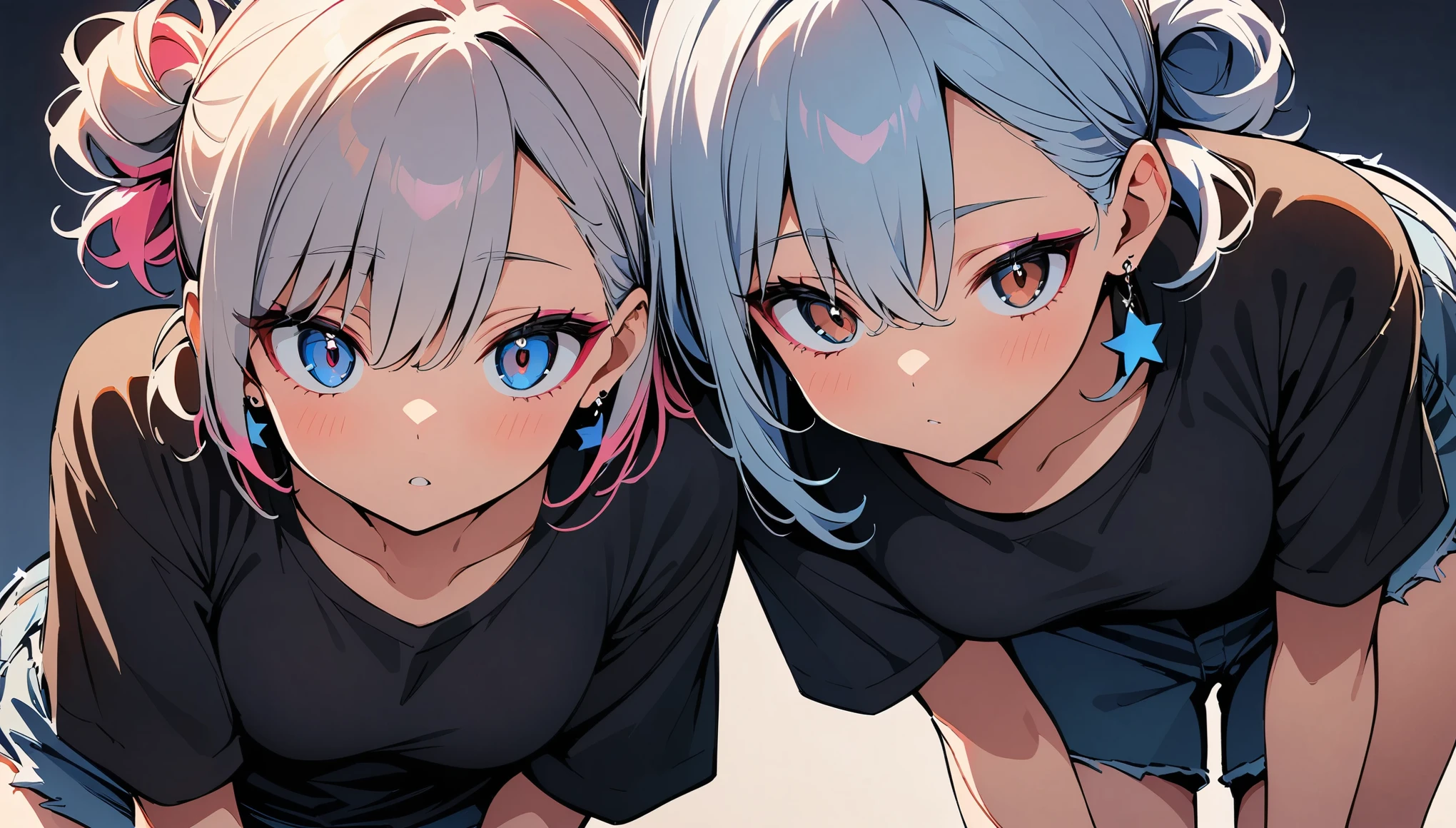 (high quality, 8k, 4K, High Contrast, masterpiece:1.2, 最high quality, Best aesthetics), (Dynamic Angle), ((1 female )), ((Plain and bright background)), ((Flat Color)), (black long sleeve t-shirt), (Denim hot pants), ((Leaning forward posture)), (Legs wide open), Lifting her butt high, Looking at the audience, Upper Body, Transparent Background, (Cool look), Sleepy eyes, High Contrast, Contrasting colors, , Pale pink and blue lighting, ((Medium Hair)) , (Tied Hair), Grey Hair, Brown eyes, Small star-shaped earrings in both ears, watch, bright eyeshadow, Crotch close-up,