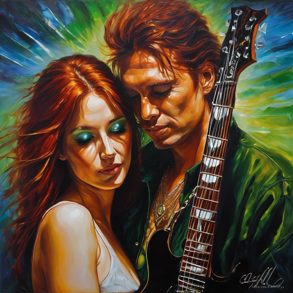 32k highers best quality, ((masterpiece)), ((best quality)), ((detailed)), ((captivating)), (stunning), (incredible), A captivating of a Heavy Metal Red Haired Woman with green hazel cleareyes hugging the Man she get in Love, he has long brown soft weavy brown castany haired brown eyes Heavy Metal Guitarist, Love, Heavy Metal Chain, abstract, Oil Painting, Canvas Painting, Oil On Canvas, Focal Light, Accent Lighting, Accented Glow, Reduced Reflections, E-guitars Enhancement