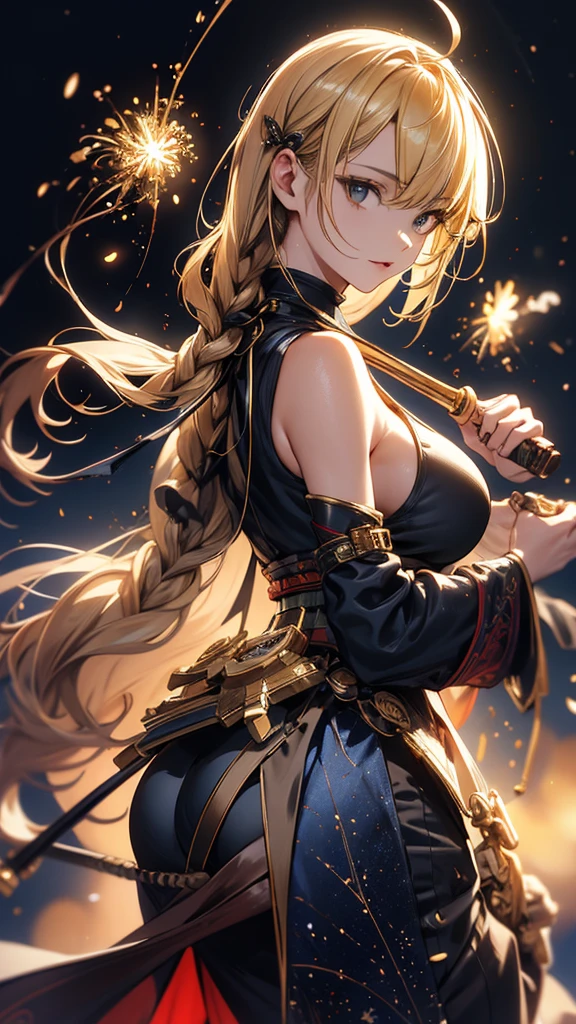 masterpiece, high quality, 4K, Beautiful design, silhouette,blonde, 非常に詳細な夜のStarry Sky,World of Time, wonderful, Finer details, Very knowledgeable woman, Highly detailed solo, 1 female,Big Breasts,Butt Emphasis,High-neck dress,Sleeveless,Night view,Starry Sky,full moon,How to sit,firework,