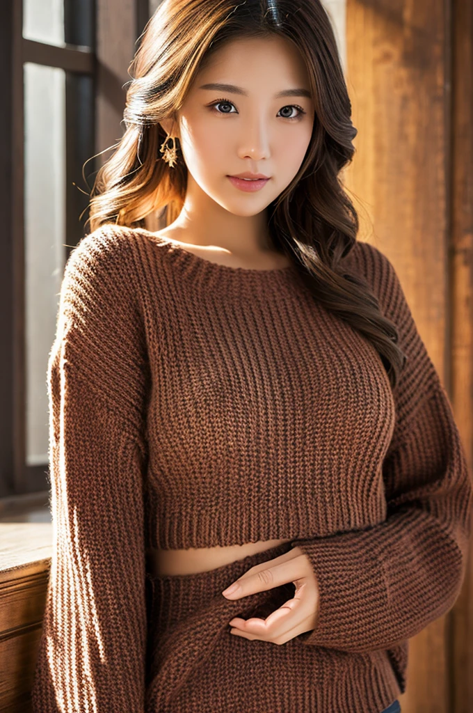 Cropped knit sweater masterpiece, 最high quality, figure, Very detailed, In detail, High resolution, 8k wallpaper, Perfect dynamic composition, Beautiful attention to detail, Women's Fashion Summer,Medium Hair,Small Breasts Natural Color Lip, Bold sexy pose,smile,Harajuku、1 girl、cute、Sexy shot of a beautiful girl looking at the camera , Intelligent and sophisticated Japanese girl. Bob Hair, 優しさと若さのパワーがにじみ出るsmile, One Piece Summer 2023. Mild to moderate, Combine high-speed shutter with contemporary photo storytelling action, sufficient lighting, Clear focus, high quality, artistic, personality, Award-winning photo, Shot with a Canon EOS 5D Mark IV digital SLR camera, Aperture f/8, iso 200, Shutter Speed 1/250, Sexyで華やかでキュートなキャミソールヘアスタイルをテーマにしたビジュアル大作, Japanese girl, Bright hair and fashionable clothes, A Japanese person looking at the camera from the front, Improve facial skin texture and pores without makeup, Full color images, Close up - Plain white background、Very delicate Ultra-realistic Sexyな座り方 Tokyo night view from the window trace Sexy Fascinating