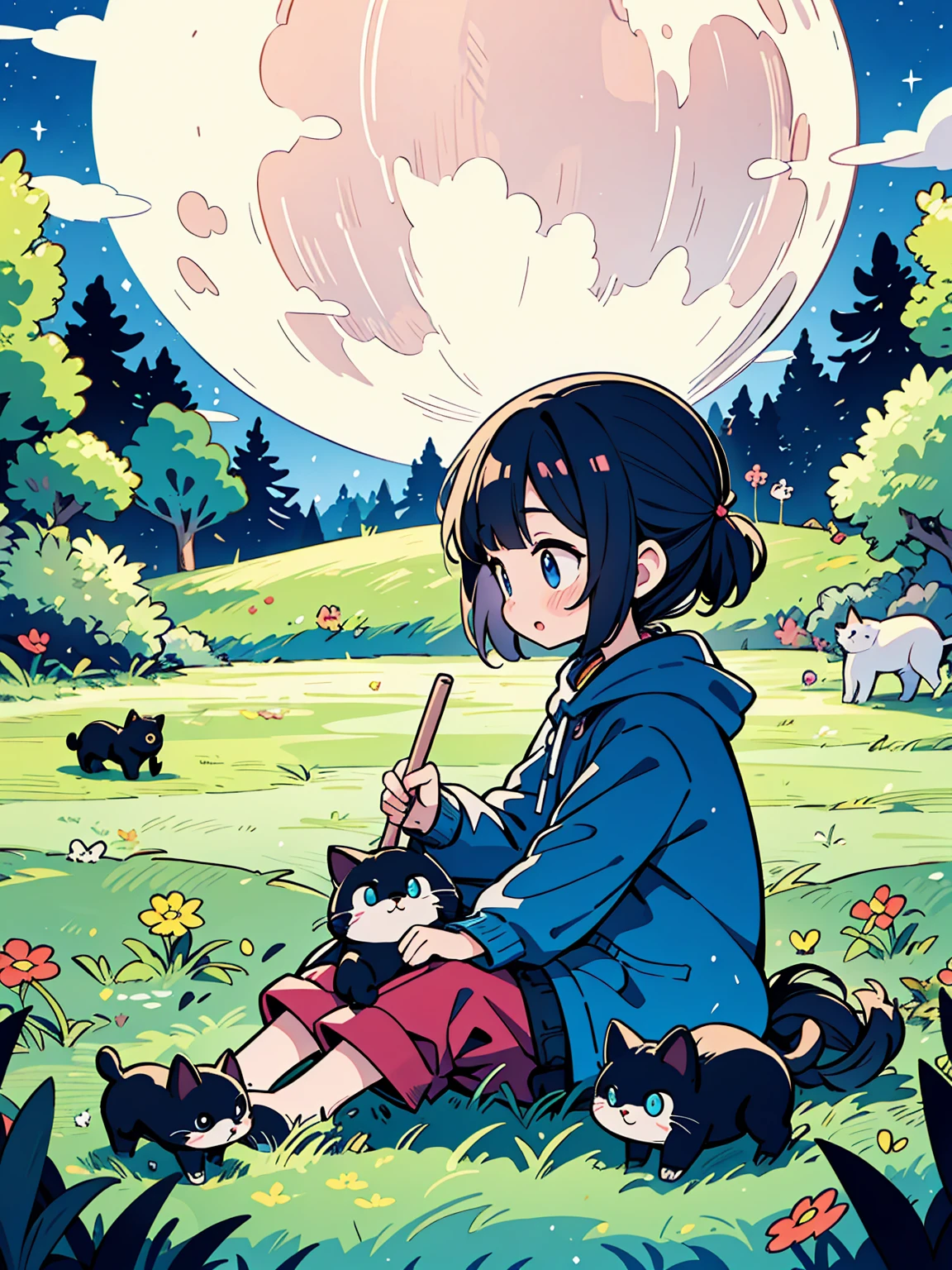 There was a moon in the night sky. There is a cute cat on the grassland. I was sitting on the grass,Hand-drawn style,Children&#39;s illustrations,Flat illustration,masterpiece,Highest quality,