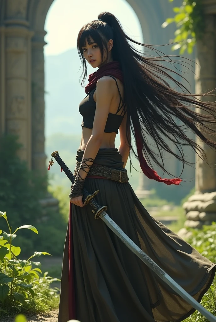 highly detailed, intricate, masterwork, random view angle, skinny female warrior, confidence, medieval fantasy futuristic mixed setting, katana, extremely long voluminous hair, long scarf, crop tank, low-rise maxi skirts, very strong directional wind, old abandoned overgrown ruins, 3d art, unreal engine