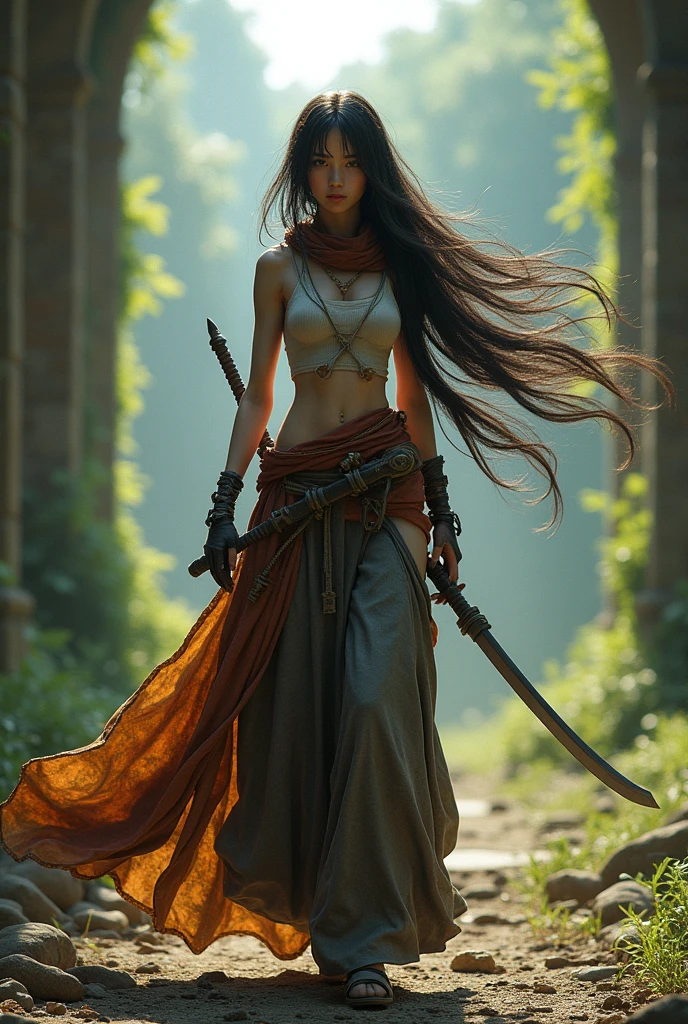 highly detailed, intricate, masterwork, random view angle, skinny female warrior, confidence, medieval fantasy futuristic mixed setting, katana, extremely long voluminous hair, long scarf, crop tank, low-rise maxi skirts, very strong directional wind, old abandoned overgrown ruins, 3d art, unreal engine