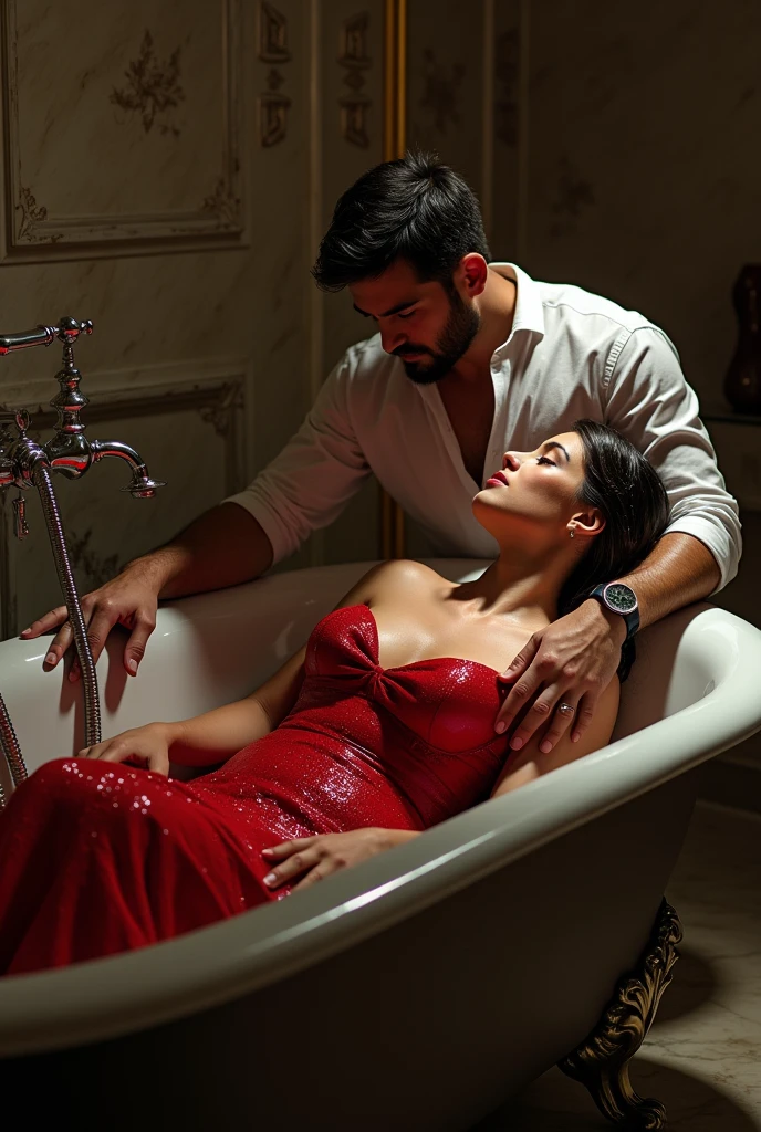 Dramatic bathtub scene, A handsome man in wet white shirt, a beautiful woman in red gown wet in water, lying in a bathtub.