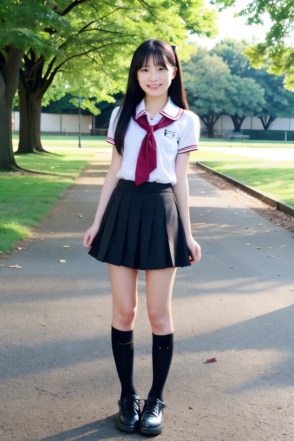 Standing in an empty park、Japanese high school girl、Cute face like an idol、mini skirt、Long black hair、Smiling、Full body portrait