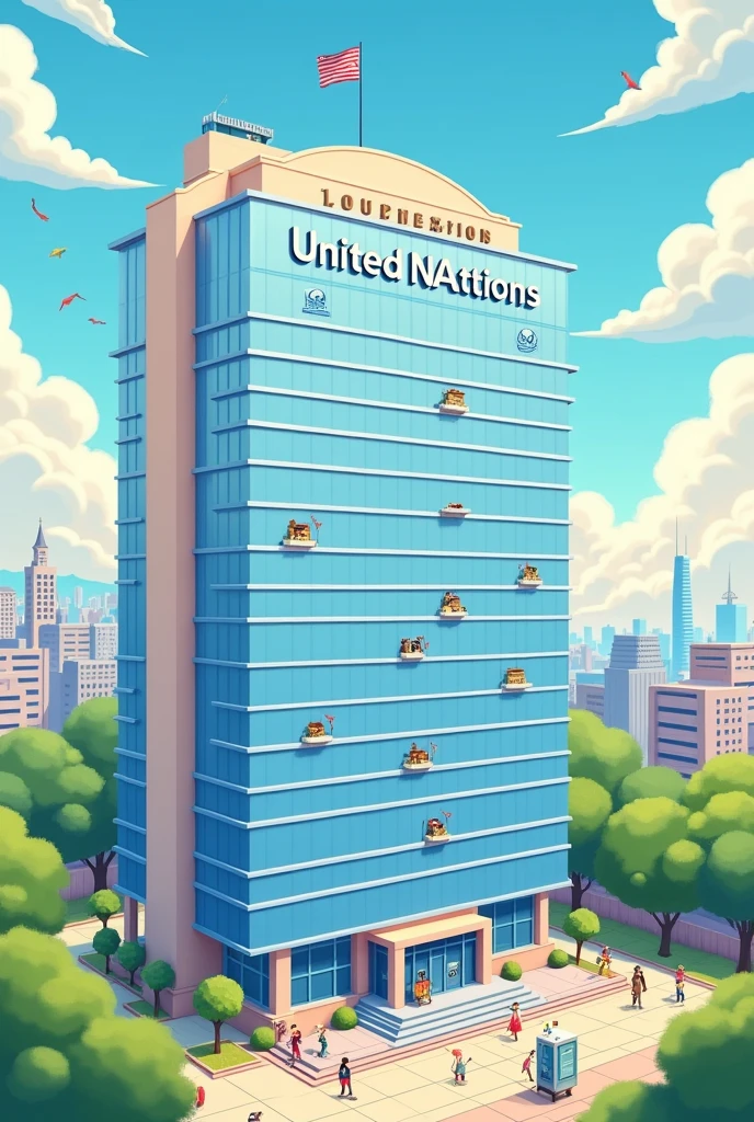 Create a kawaii image of the United Nations headquarters