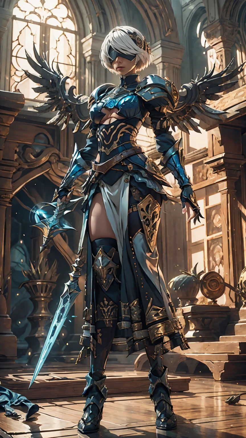 Make a 'kitbash' of Lenneth from 'Valkyrie profile' and 2B from 'Nier: Automata', combine 2B and Lenneth, solo, 1girl, BREAK: ((bright sapphire blue mech4rmor)), (boob window:1.37), thigh cutout, long skirt,belt,white head ornament, (blindfold:1.27), wings, BREAK: standing contrapposto, (holding glowing sword), (in triumphant pose), light smile, BREAK: plains,castle, BREAK: (better hands, best hands,) (insanely detailed, masterpiece, best quality), 
