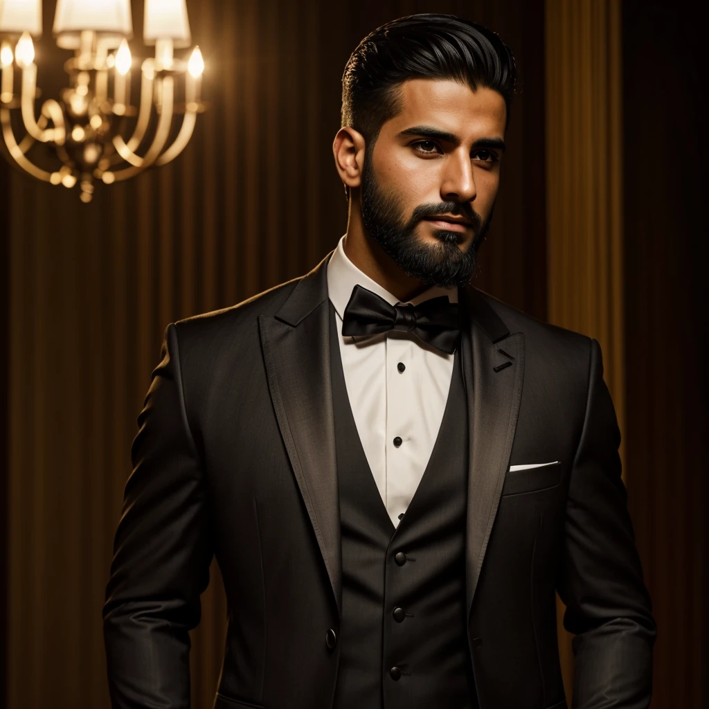 a young handsome 30 -year-old man with chiseled features, arabic, wearing a formal suit, with a clean-shaven beard, dramatic lighting, cinematic pose, intricate details, high contrast, dramatic shadows, warm color tones, cinematic angles, hyper-realistic, 8k, masterpiece, piel semiclara. Dueño de aerolinea Al Gala