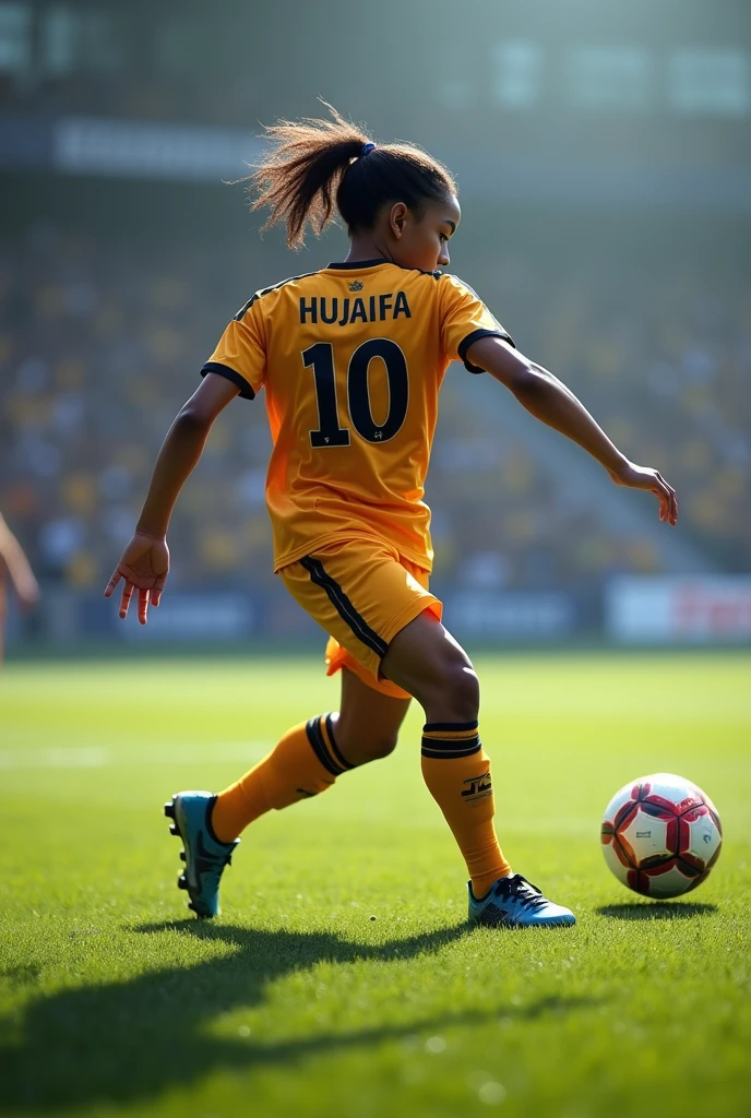 A player shooting a football.His jersey name is 'HUJAIFA' and jersey number 10.